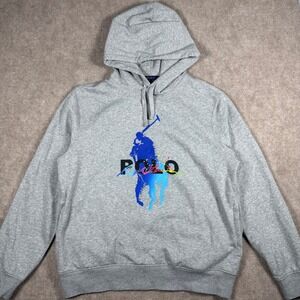 Polo Ralph Lauren Men's Size L Gray Hoodie Colorful Ombre Polo Logo Pullover